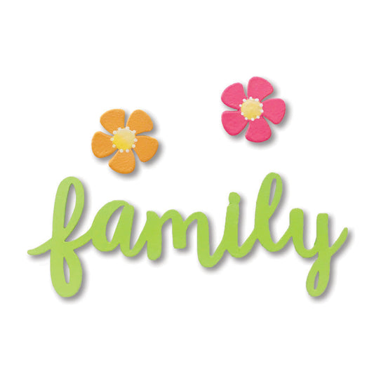 "family"-Schriftzug mit Blumen