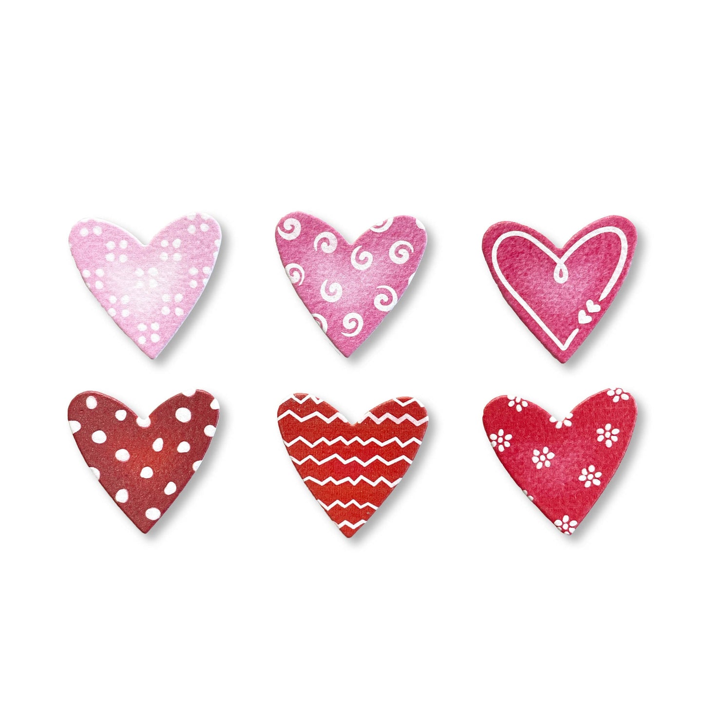 Heart magnets with pattern, red/pink, set of 6