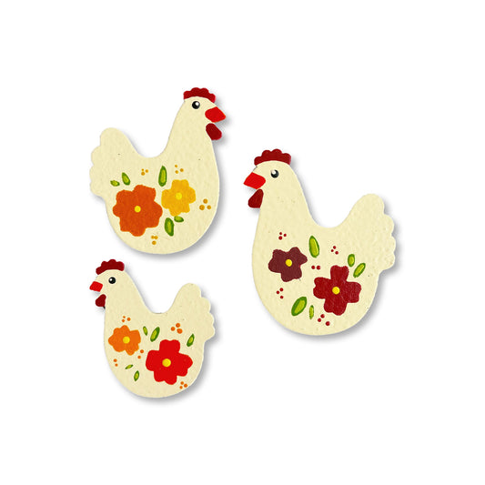 Hens with flowers, magnets, set of 3