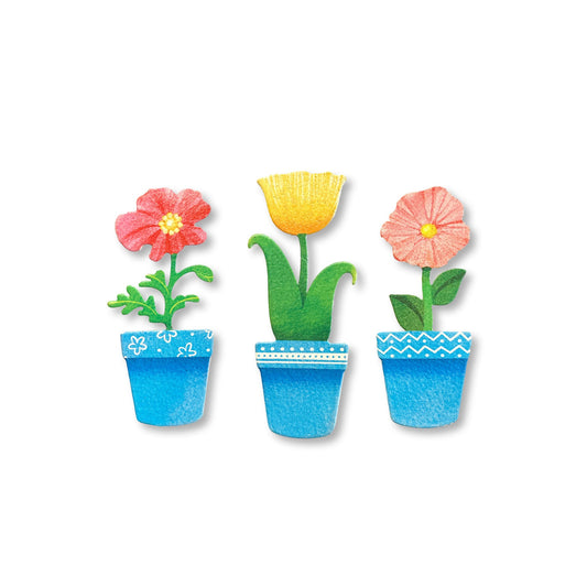 Flower magnets, blue pots, set of 3